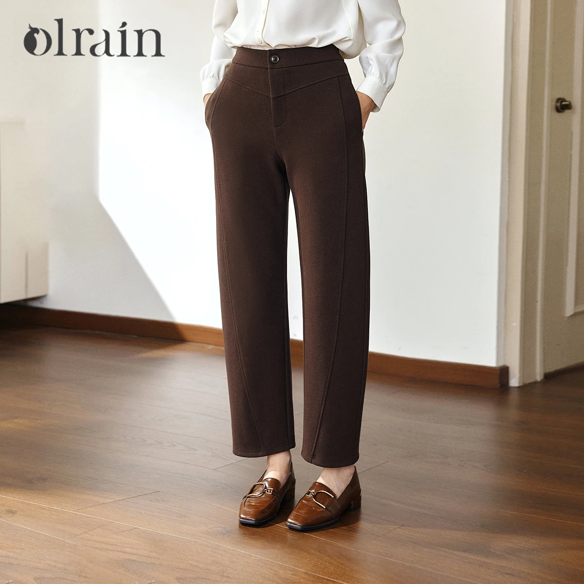 OLrain Women Brown High Waist Woolen Cropped Pants 2026 Winter Warm Straight Leg Casual Elegant Office Work Pants O57QK000588