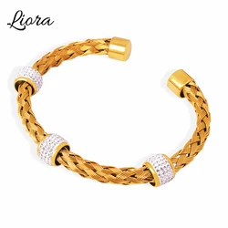 Liora Fashion Cuff Bracelet for Women Gold-Plated Woven Stainless Steel Rhinestone Women Bangle Wrist Waterproof Jewelry