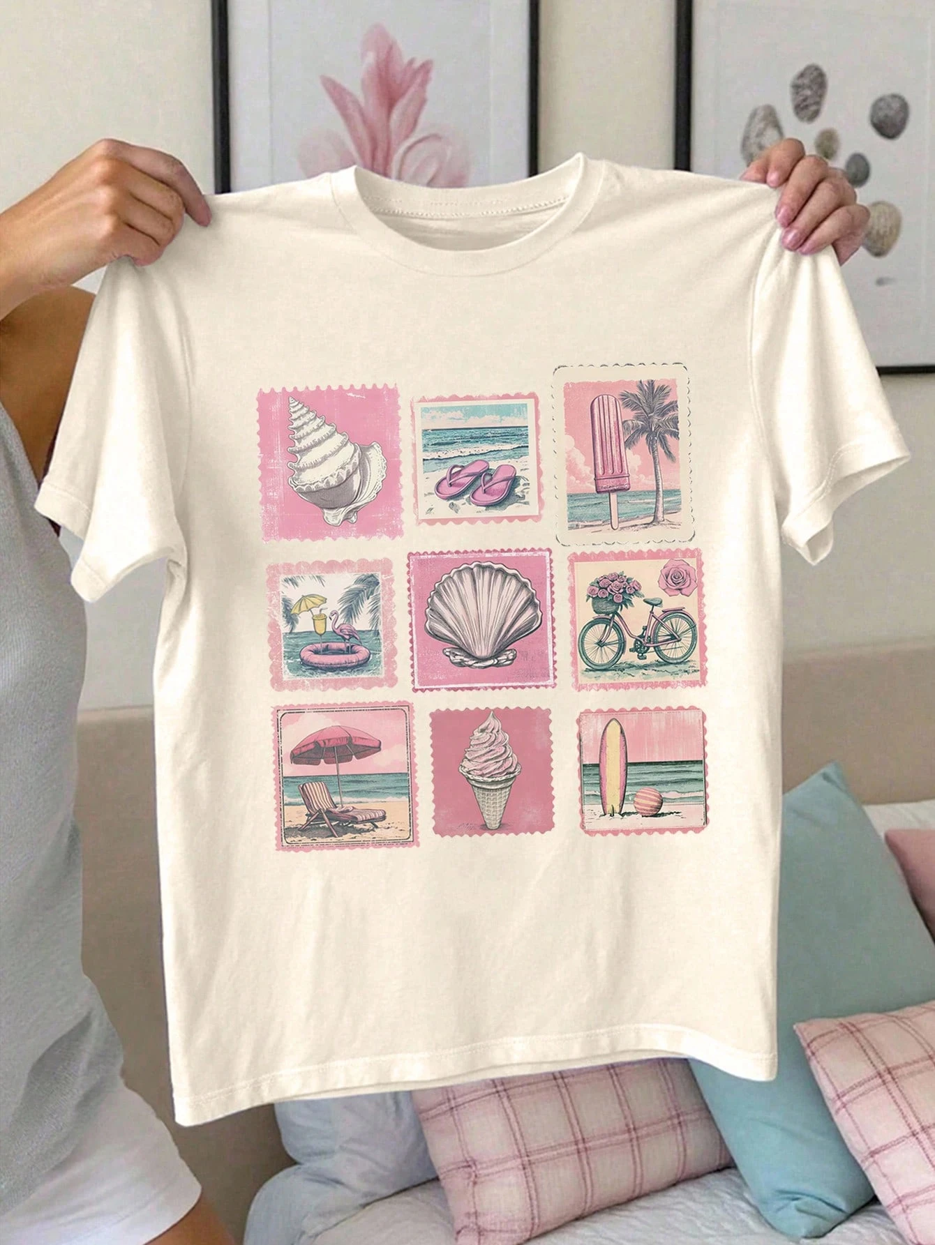 Vintage Shell Beach Stamp Print T Shirt Women'S Summer O-Neck T-Shirts Casual Cotton Sportswear Y2K Breathable Short Sleeve