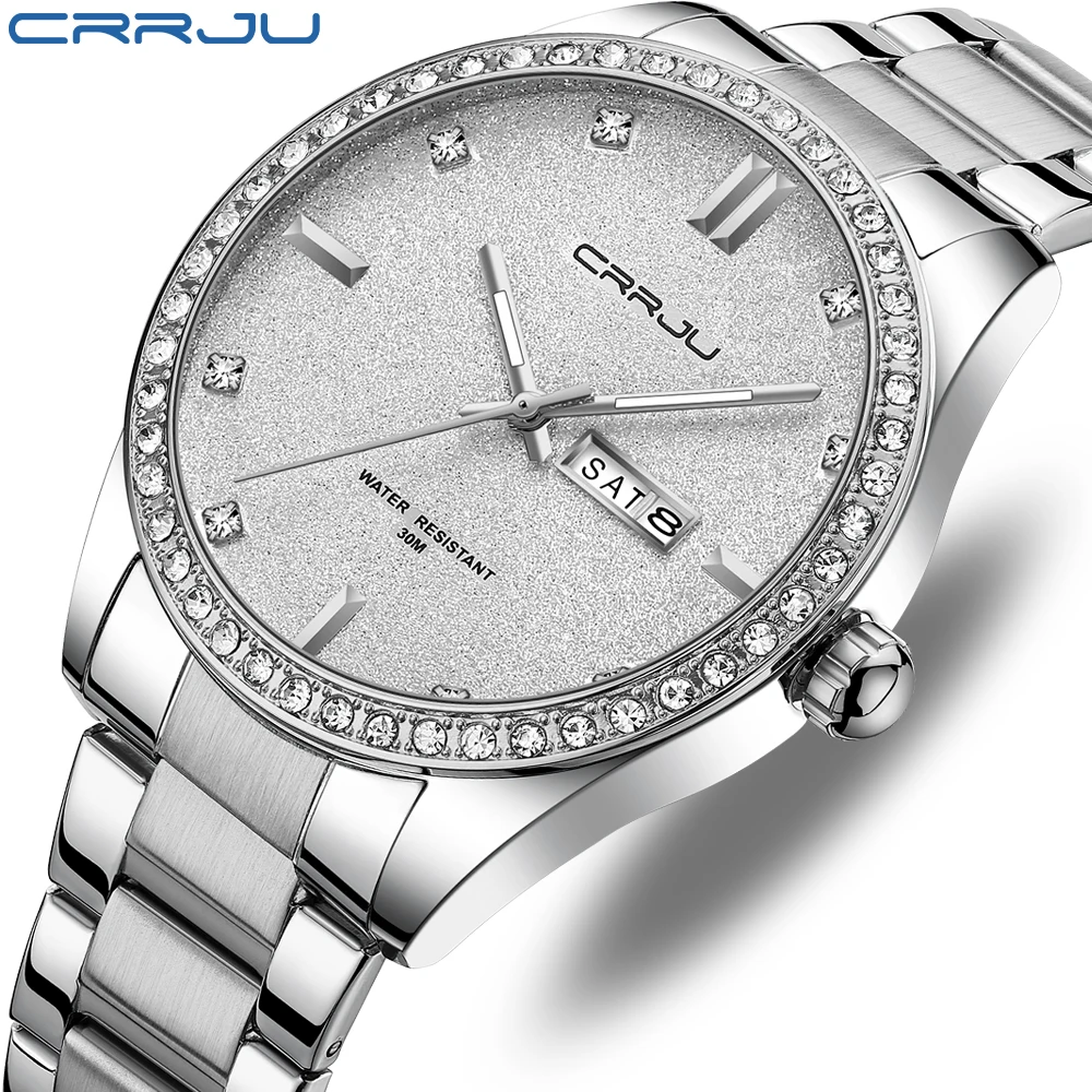 

CRRJU Watch for Men Simple Quartz Wristwatches With Luxurious Sparkling Rhinestone Dial Stainless Steel Band Relogio Masculino