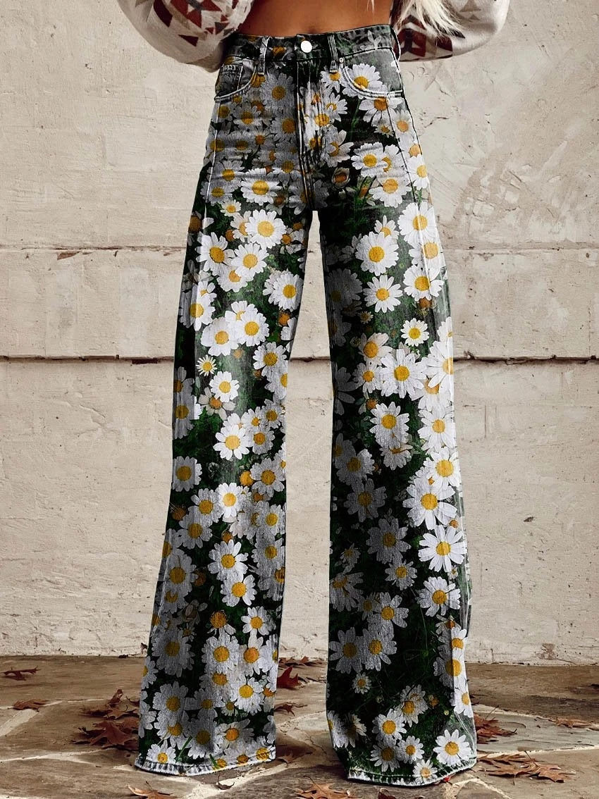 Floral Women's Extra Long Pants Korean Style Elegant High Waisted Wide Leg Pants Loose Women's Casual S-XX Wide Leg Pants