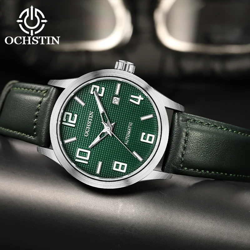 OCHSTIN Mens Self‑winding Pilot‑style Mechanical Watch Man Soft Comfortable Leather Band Water Resistant Luminous Hand Clock