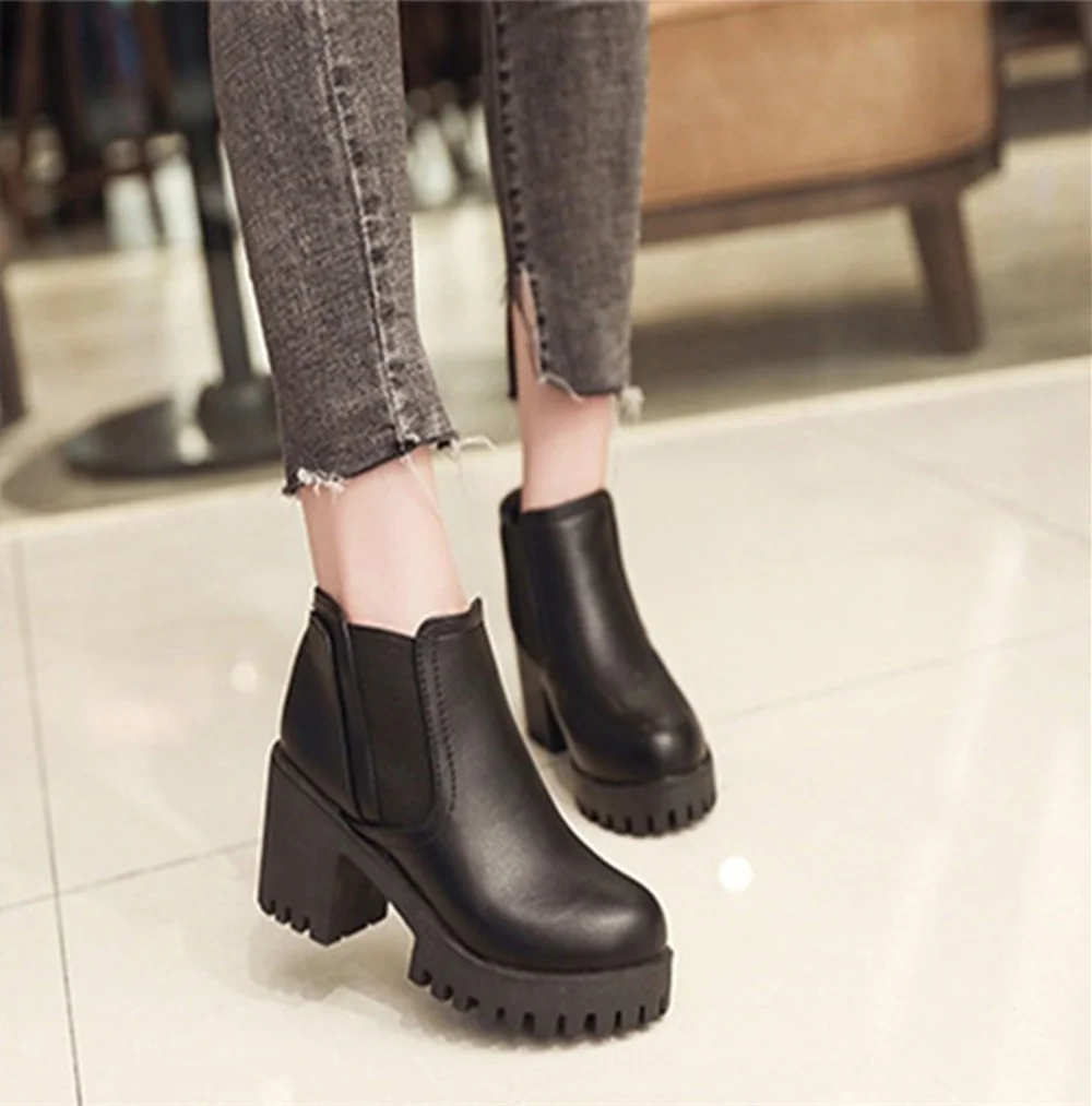 New Fashion Low-tube High-heeled Women\'s Short Boots Round Toe Wear-resistant Waterproof Platform Elastic Ankle Boots