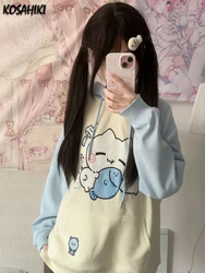 Y2k Aesthetic Cartoon Print Hoodies Tops Women Autumn Harajuku Drawstring Pullovers Japanese Patchwork Kawaii Pocket Sweatshirt