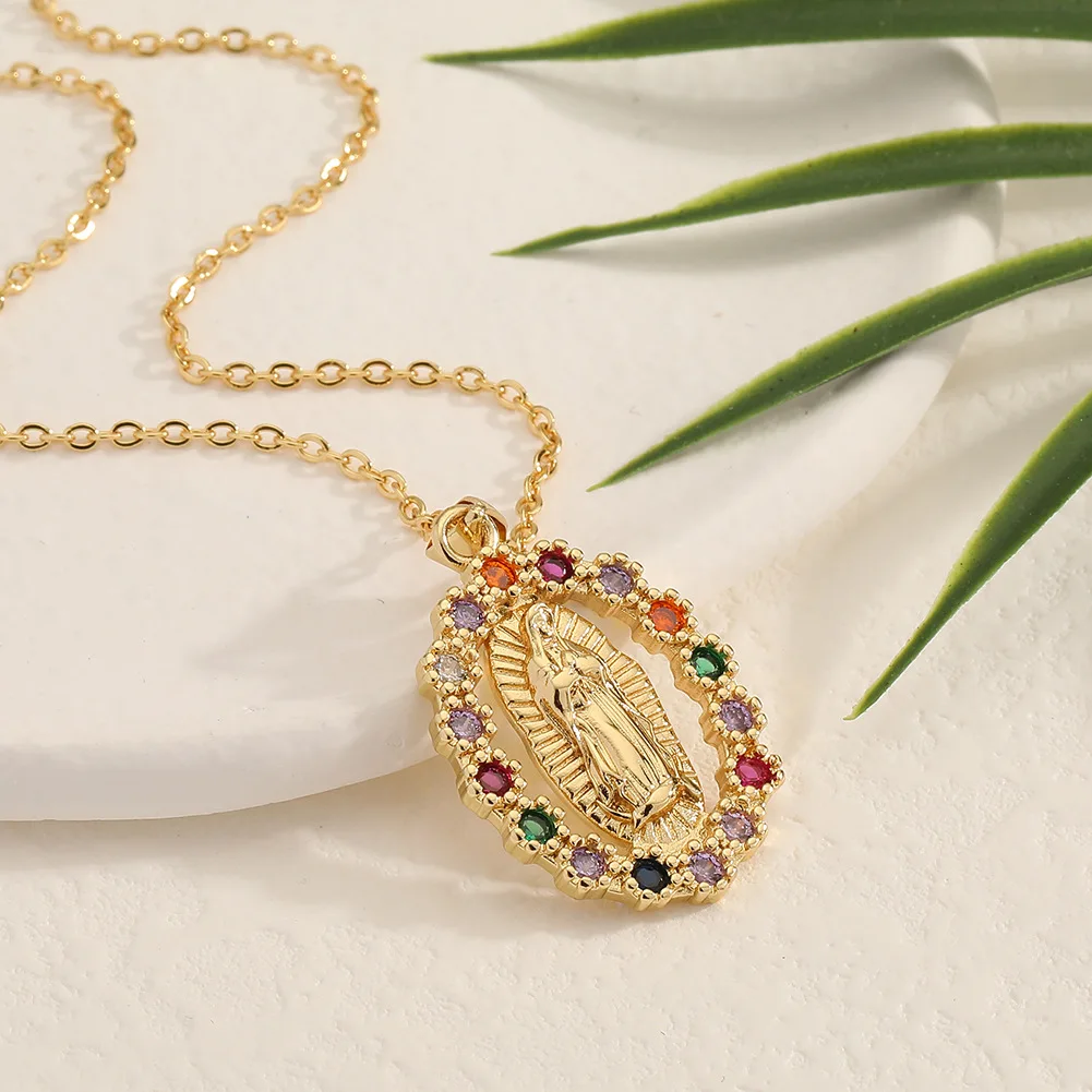 18K Gold Plated Virgin Mary Pendant Necklace Our Lady of Guadalupe Jewelry