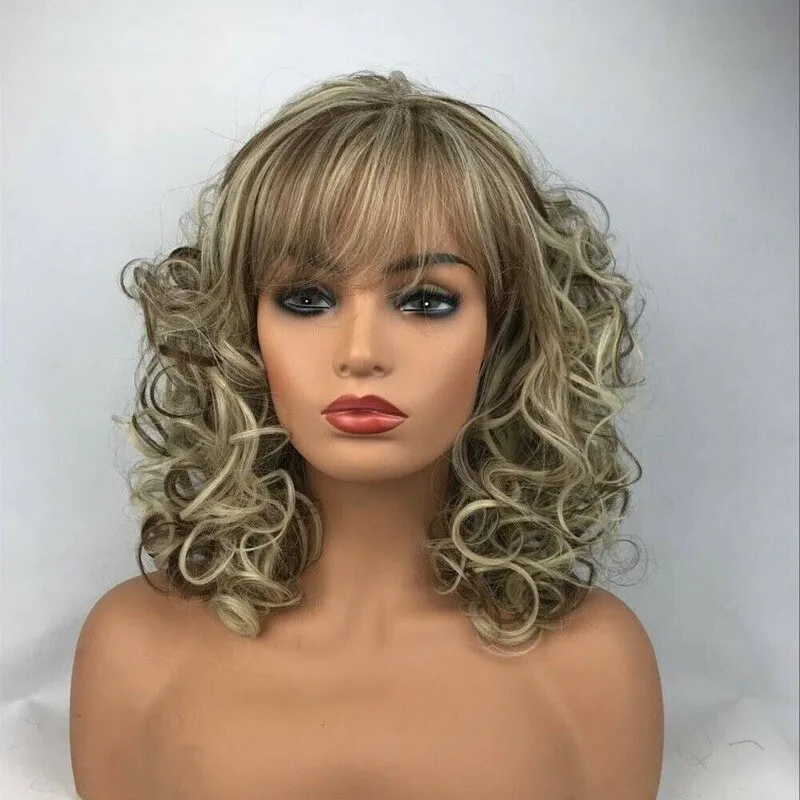 

Women's Wig Brown Blonde Mix Medium Ladies Hair Curly Full Wigs