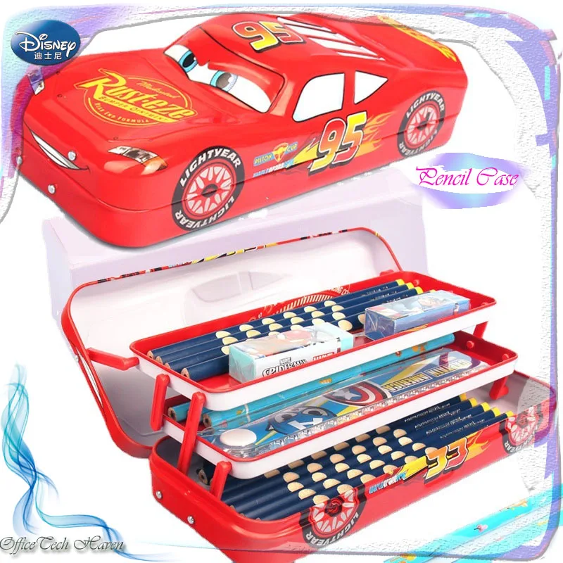 Disney Mcqueen Three-Layer Pencil Case Large Capacity Learning Gift Cartoon Car Stereo Pencil Case Multi-Function Stationery