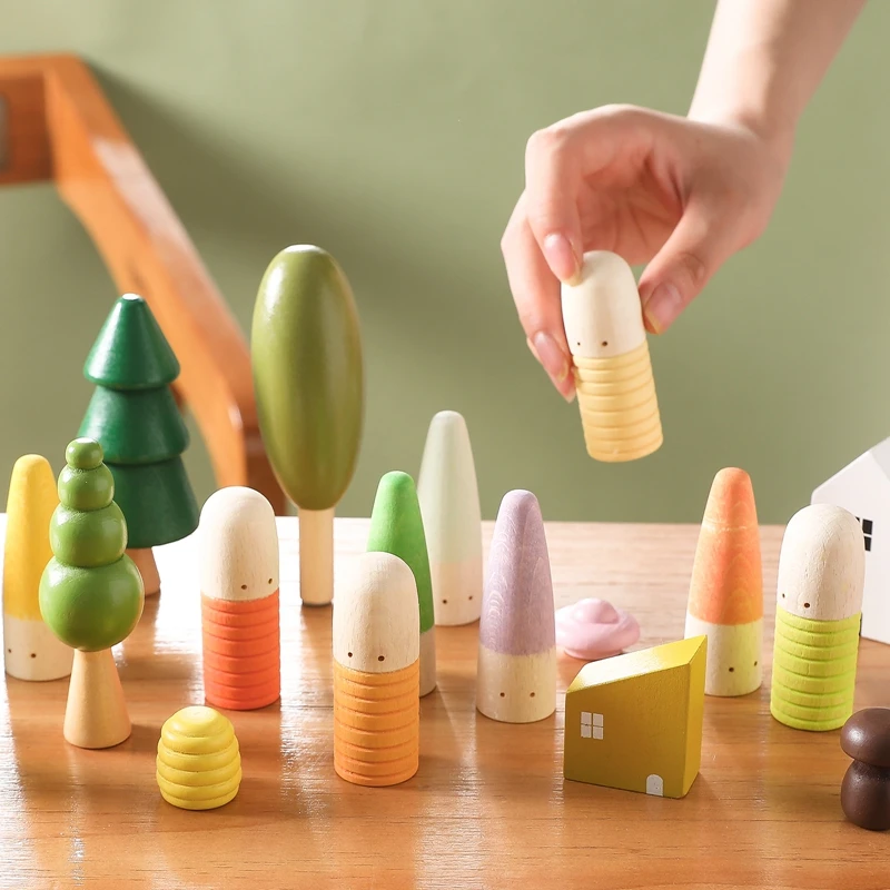 18 ชิ้นไม้ที่มีสีสัน Thumb รูปตุ๊กตาปริศนาของเล่นมินิตุ๊กตารอบชี้หัว Villain สําหรับเด็ก Montessori ของเล่นเด็กของขวัญ