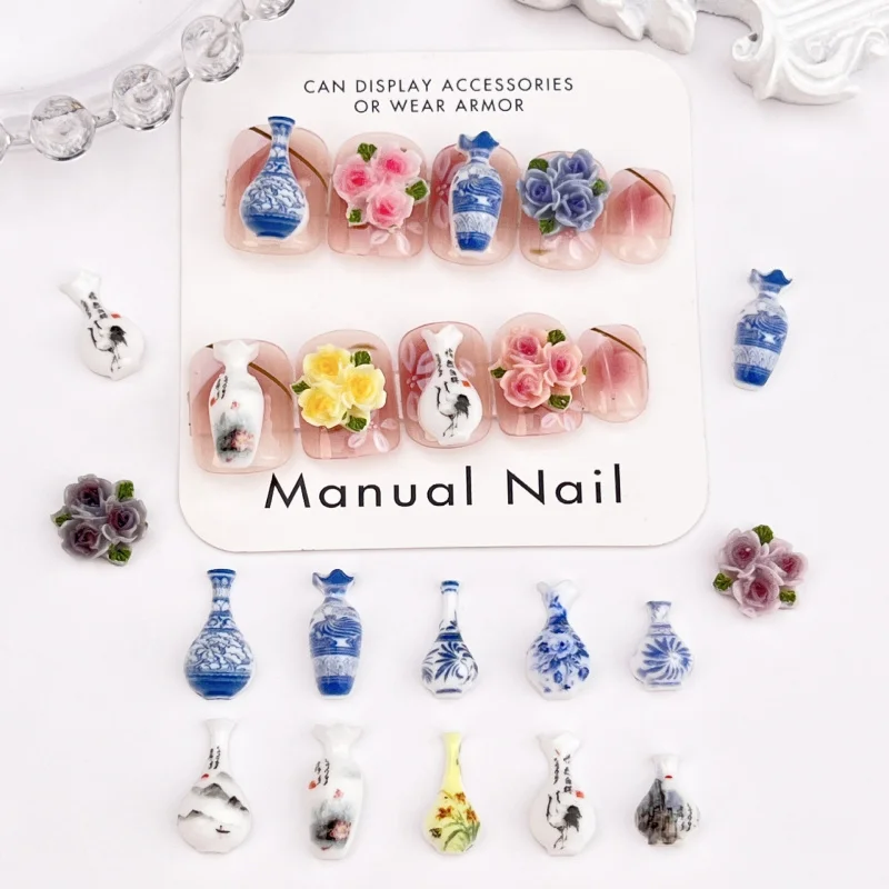 20pcs Simulation Vase Nail Art Decorations Chinese Style Blue and White Porcelain Ink Painting Resin Charms Manicure Supplies