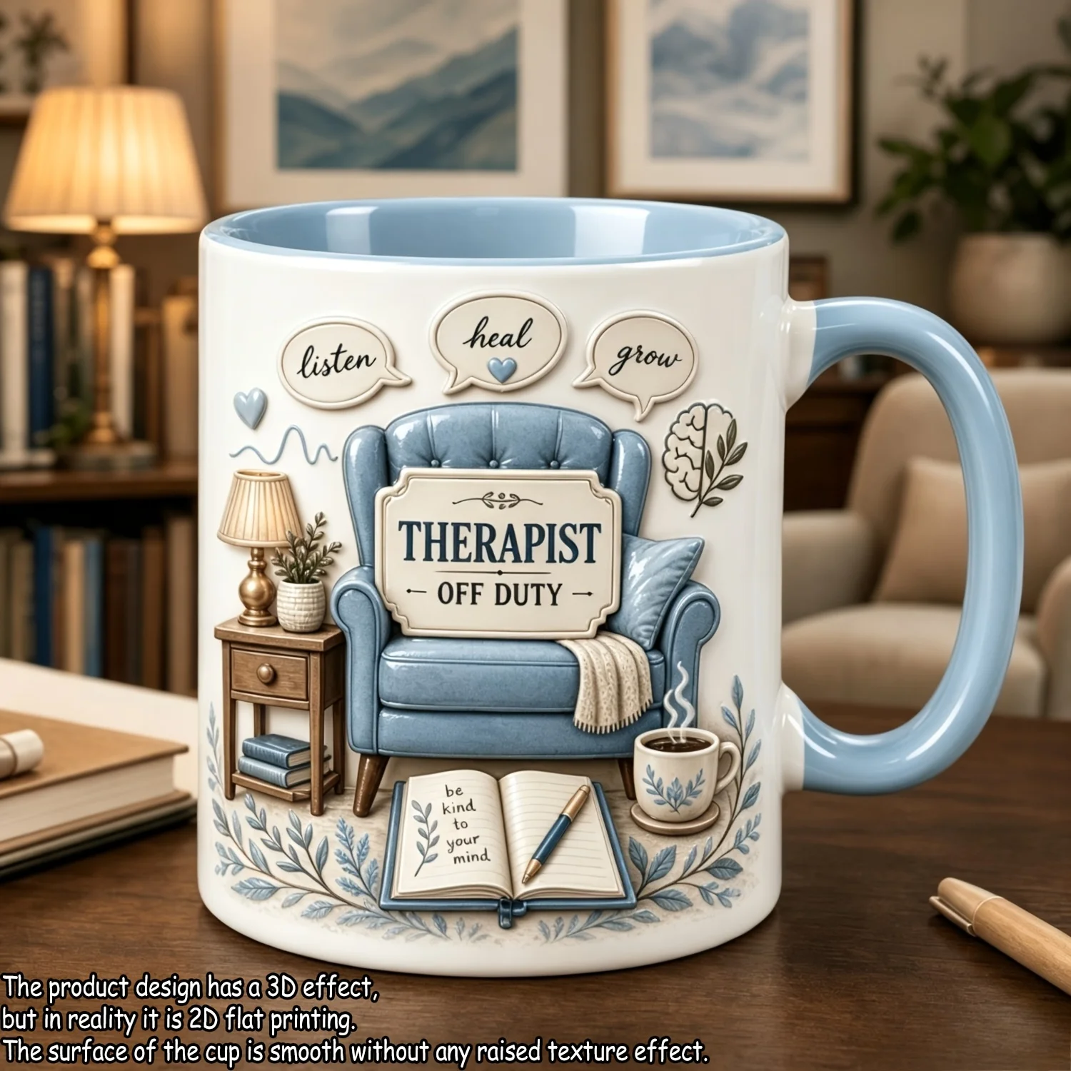 Mug de thérapeute bleu doux, impression 2D, tasse à café personnalisée pour bureau de conseil, cadeau pour conseiller psychologue