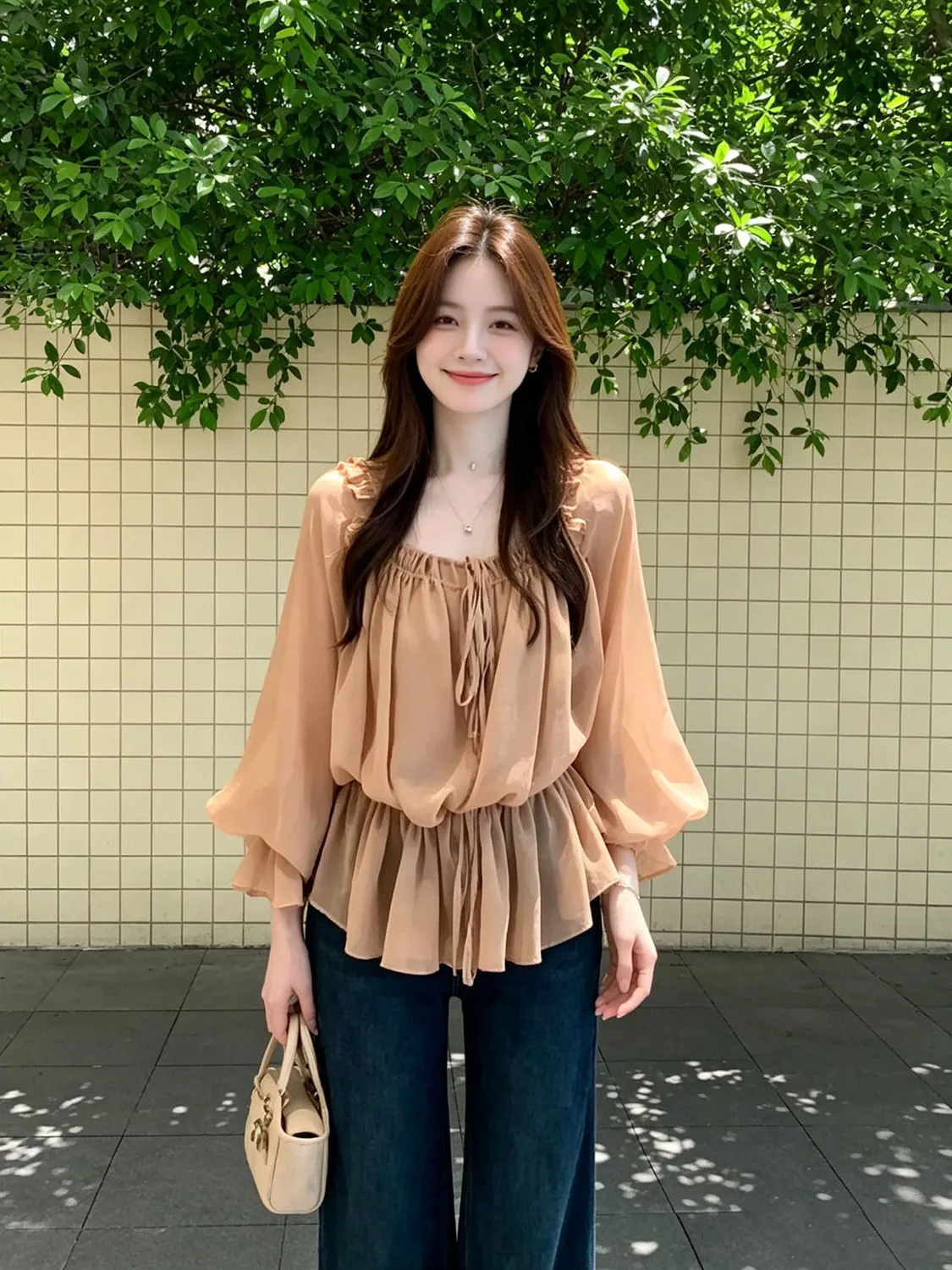 Loose Lantern Sleeve French Style Women's Top Korean Loose Fit Bell Bottom Shirt Autumn Season Square Collar Gathered Skirt