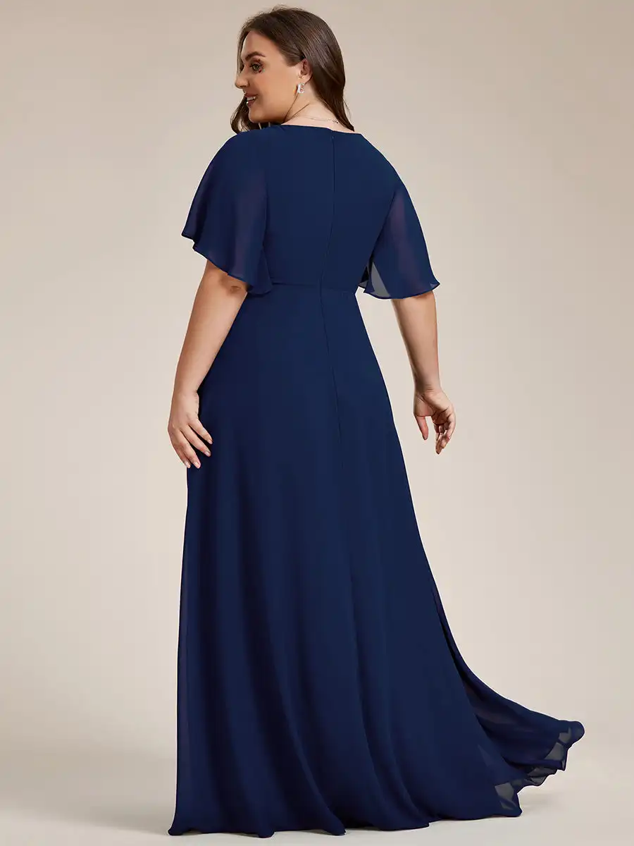 Vestido de noche de talla grande con cuello en V, apliques plisados hasta el suelo, vestido de dama de honor azul marino con apliques de encaje 2025