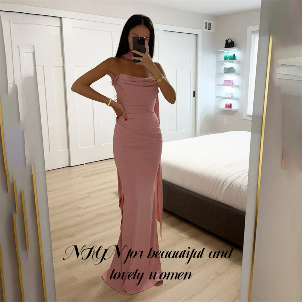 

NFYN Mermaid Scoop Pink Party Dresses Stain Pleat Formal Dresses with Shawl Formal Gown Strapless Long Evening Dress Customized