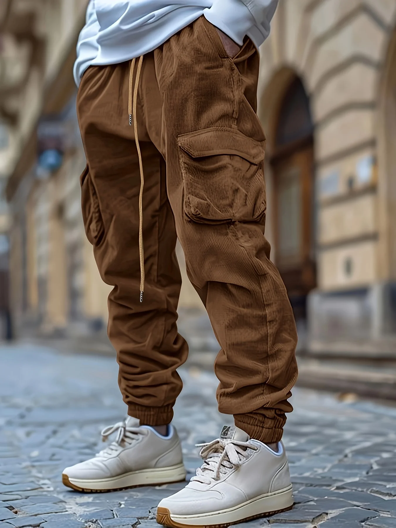 Men Vintage Corduroy Jogger Cargo Pants Drawstring Waist Elastic Ankle Cuffs Multi Flap Pockets Casual Streetwear Outdoor Trouse