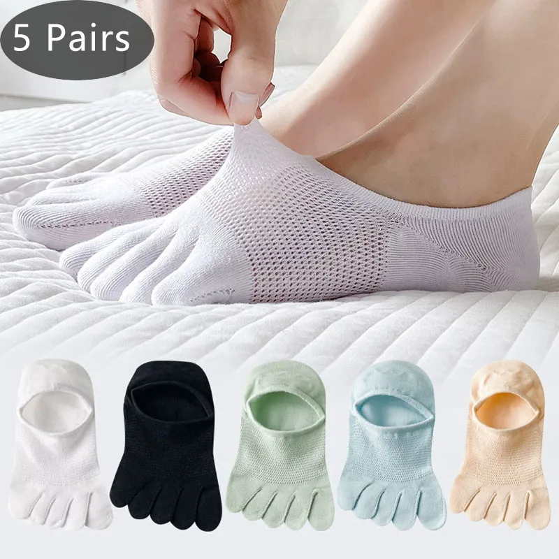 

5 Pairs Women Toe Invisible Socks Cotton Solid Mesh Thin Breathable,Deodorant Non-Slip No Show 5 Finger Boat Socks Girl Summer