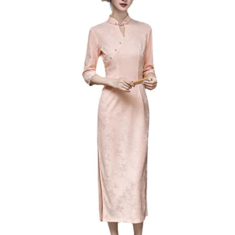 Women Knit Jacquard Qipao Pink Elegant Cheongsam Mandarin Collar Vintage Button Half Sleeve Chinese Dress Dance Party Vestidos