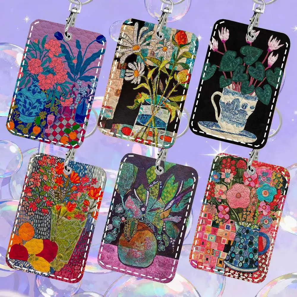 Flower Pottery Art Card Case Keychain Access Card Bag Key Tag Ring Leather Card Holder Key Ring Access