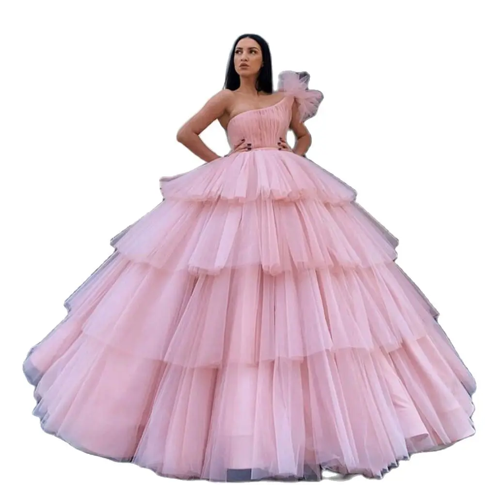 Vestidos rosa quinceanera 2020, vestido de baile com babados, um ombro, sweet 16, vestidos de baile com babados, vestidos plus size