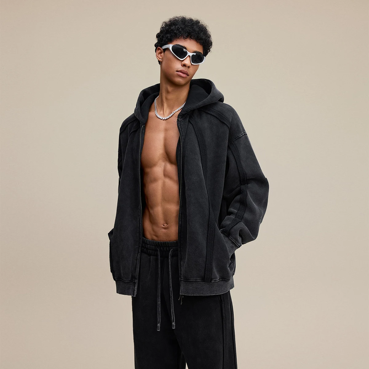 2025 Autumn and Winter Fashion Vintage Wax Printed Fleece Zip Up Sweatshirt Men's Plus Velvet Distressed Zippered Hoodie Coats