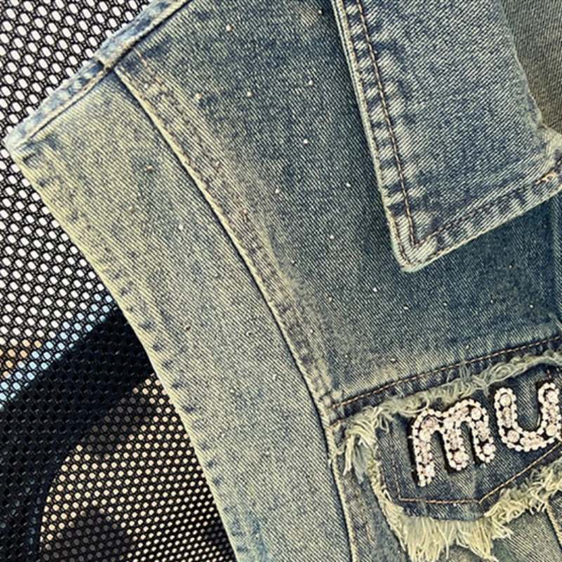 Vintage Hot Rhinestone Denim Vest Coat Women\'s Spring Autumn New Washed Dressed Short Sleeveless Spice Girl Street Top