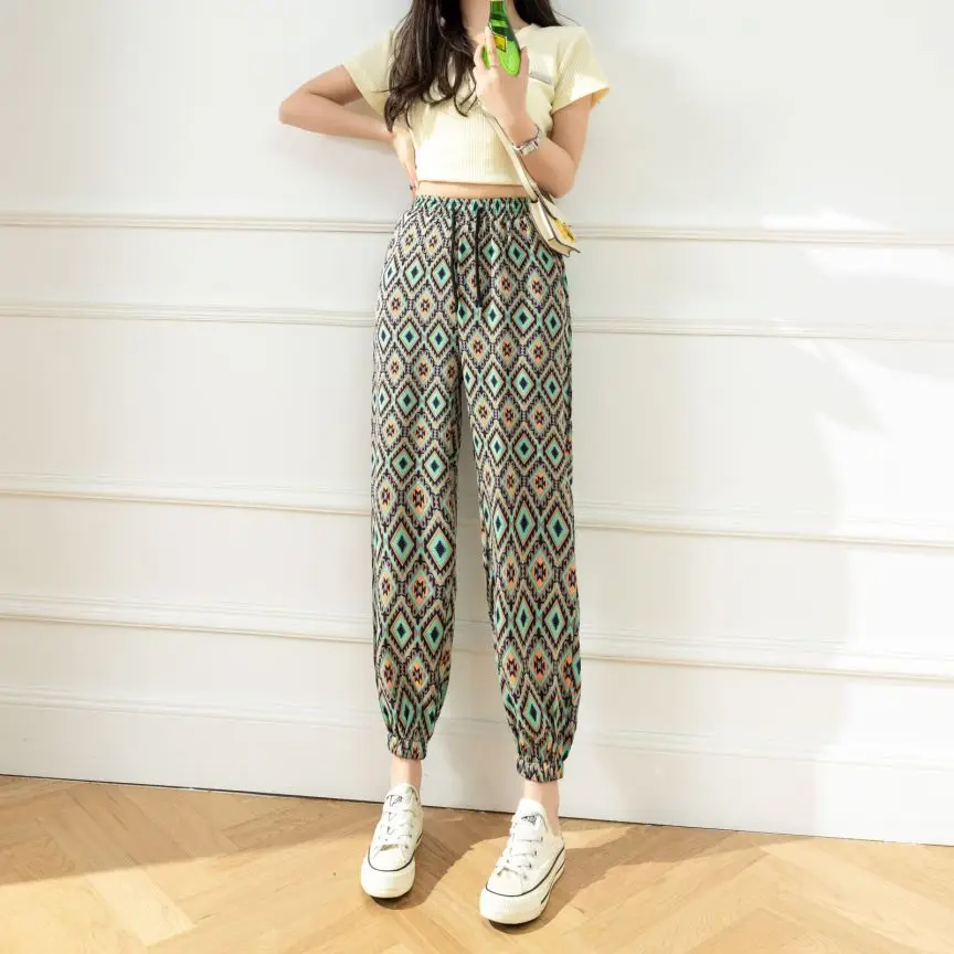 Summer Thin Ice Silk Loose Sports Casual Pants Women's plus Size Elastic Cuffed Lantern Pants Mosquito Repellent Flower Pants...
