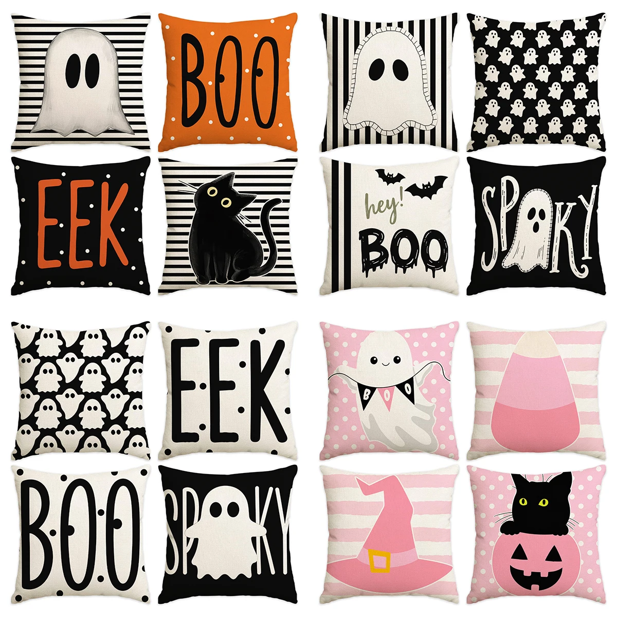 4‑Pack Halloween Pillow Covers, 18×18 Inch, Cute Ghost, Jack‑o'‑Lantern, Striped & Bat Print Decorative Sofa Cushion Cases