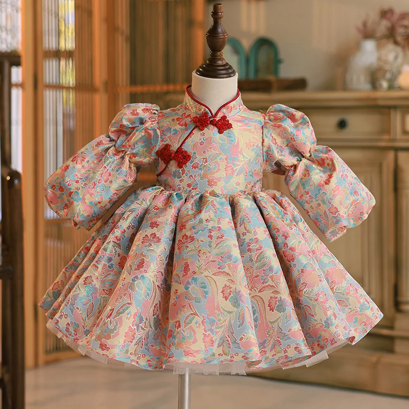 

A.Girls' Style First Birthday Traditional Chinese Style Button Princess Dress