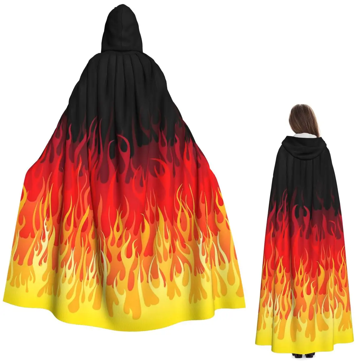 

Красный горячий стержень, пламя на краю, черный фон, длинный плащ с капюшоном, средневековый костюм ведьмы, накидка для косплея, пальто на Хэллоуин для взрослых