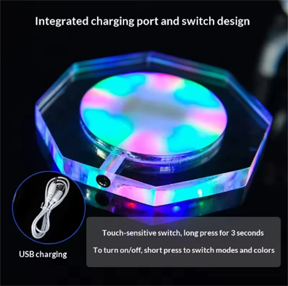 1pcs USB Rechargeable RGB LED Coaster Acrylic Crystal Light Up Base Color Changing Drink Coaster for Party Bar Decor Gift
