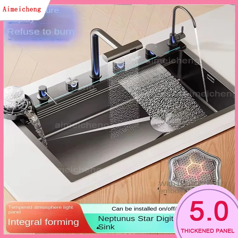 304 스테인리스 스틸 폭포 주방 싱크대, 대형 단일 슬롯 통합 디지털 디스플레이 수도꼭지 세트, 비누 디펜서 컵 와셔, 5mm