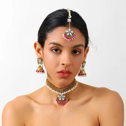Crystal Flower Necklaces Forehead Accessories Retro Gold Color Rhinestone Earrings Set for Women Geometric Tassel Bridal Jewelry