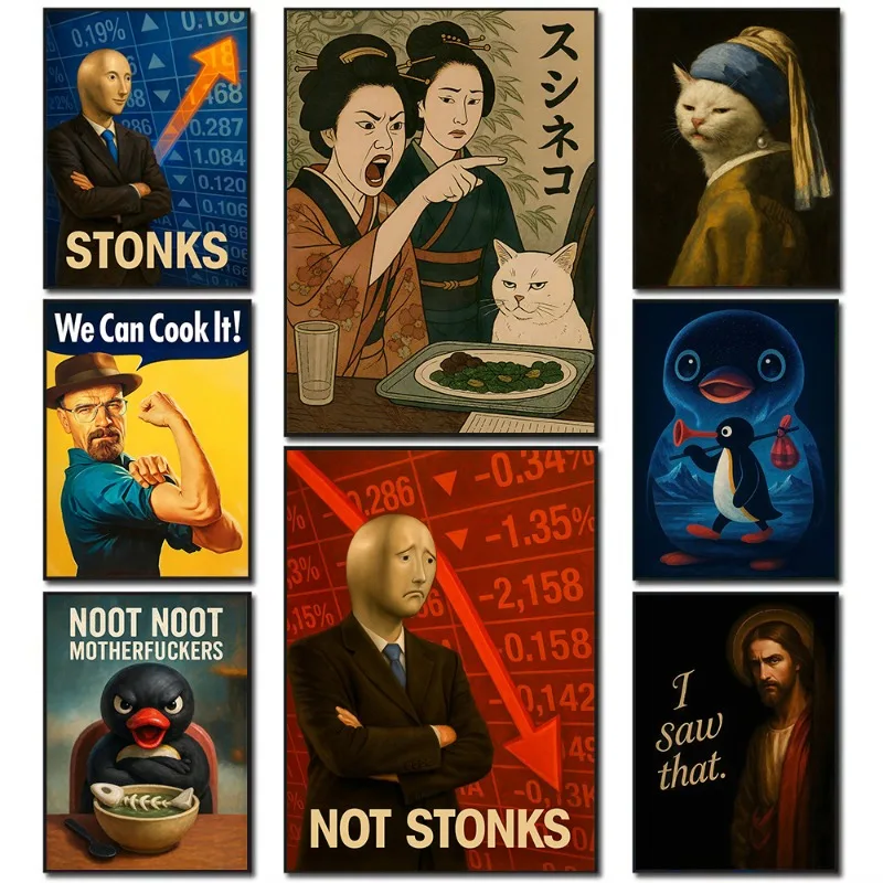 Viral Meme Wall Art Set Stonks Man & Cat Penguin Funny Posters Dank Meme Canvas Print Living Room Internet Culture Home Decor