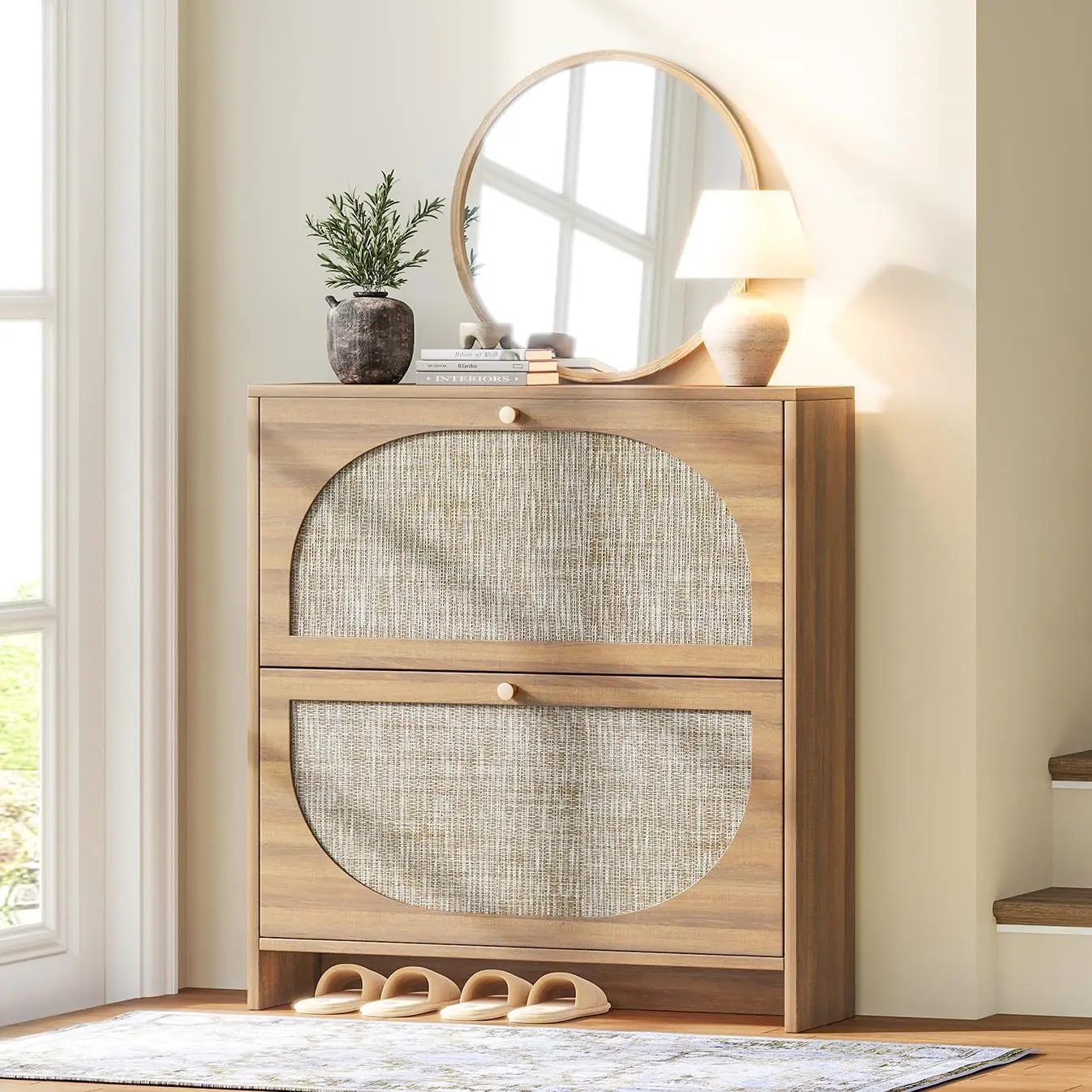 

Rattan Arched Accent Shoe Storage Cabinet - Freestanding Ultra Slim for Entryway, 2 Flip Drawers & 3-Tier Adjustable Shelves, Fa