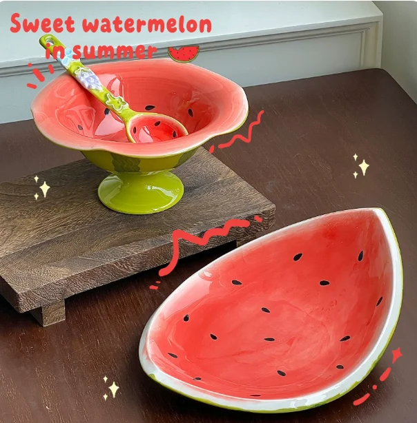 Household ceramic fruit plate, living room tea table snack plate, cute high-value personalized watermelon salad bowl