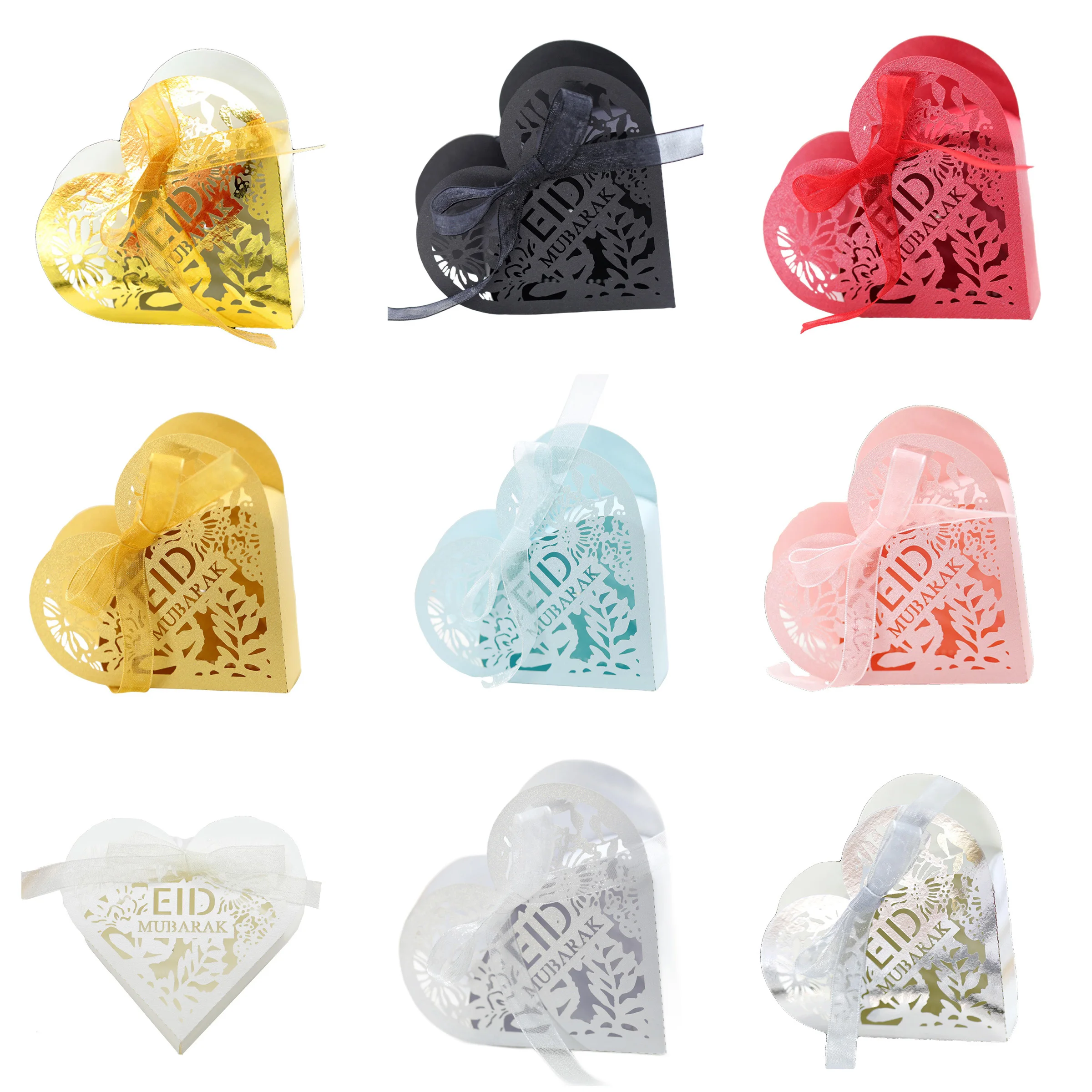 20/30/50PCS Eid Mubarak Love Heart Shape Candy Box Chocolate Packaging Boxes Ramadan Kareem Decor Islamic Muslim Party Supplies