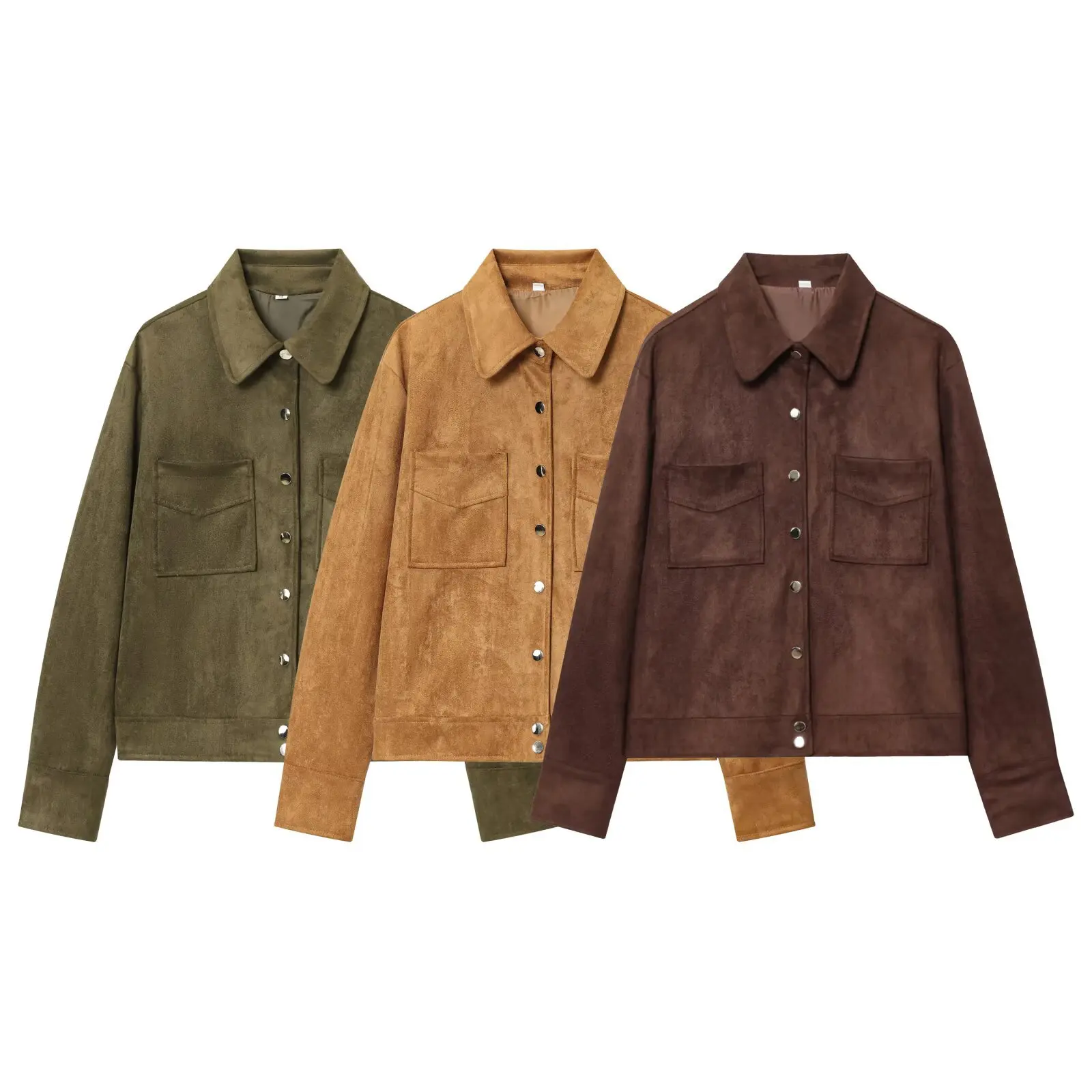 

Women Suede Fabric Turn-Down Collar Jacket Autumn Long Sleeve Single Breasted Double Pockets Coat Classical Simple Casual Jacket