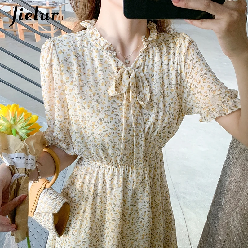 Yellow Short-sleeved Floral Chiffon Womens Dresses Korean Style Fashion Sweet Midi Dresses Women A-line Bow Collar Dress S-XXL