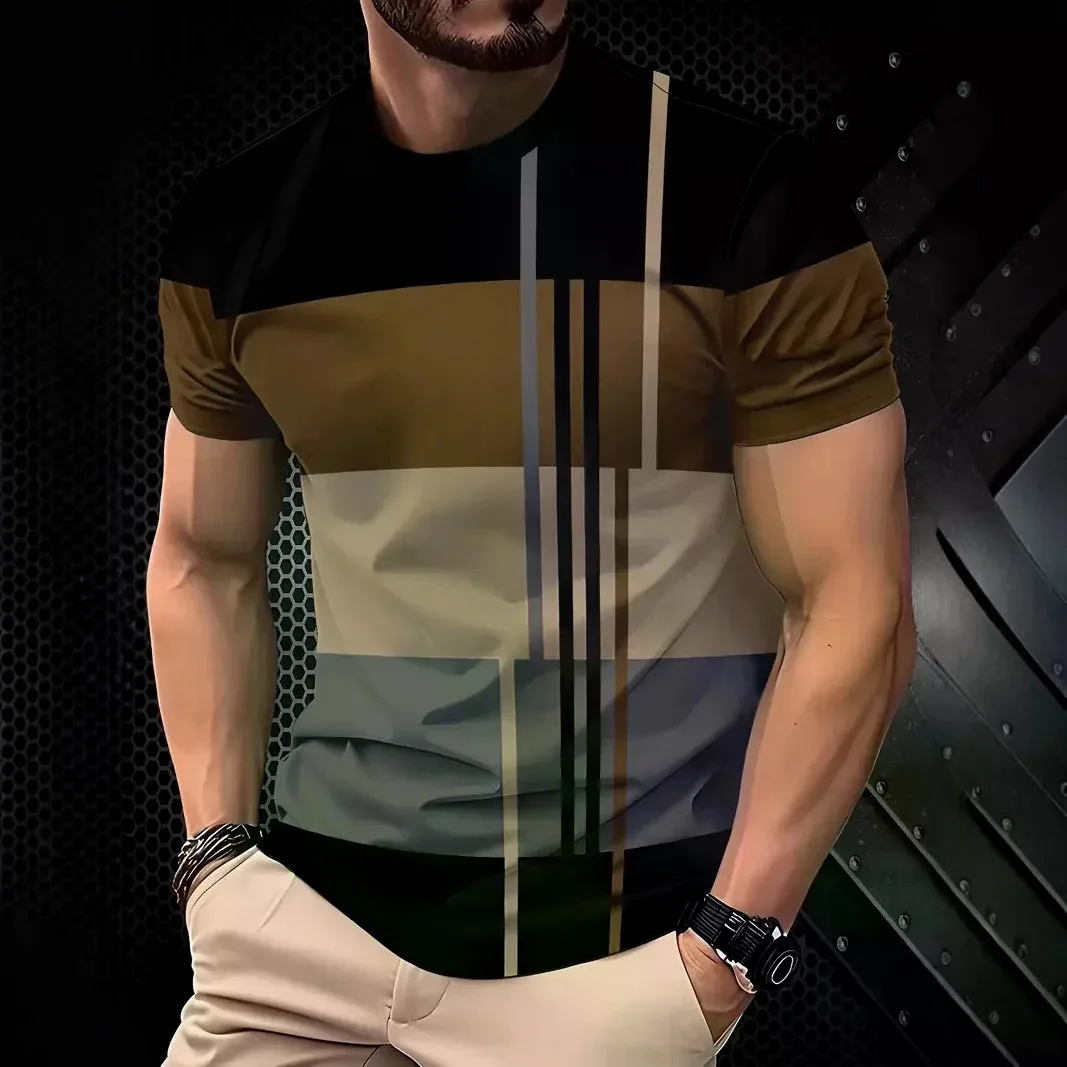 New Stripe Printed T-shirt Micro Elastic Breathable Short Sleeve Outdoor Sports Top Men's Fashion