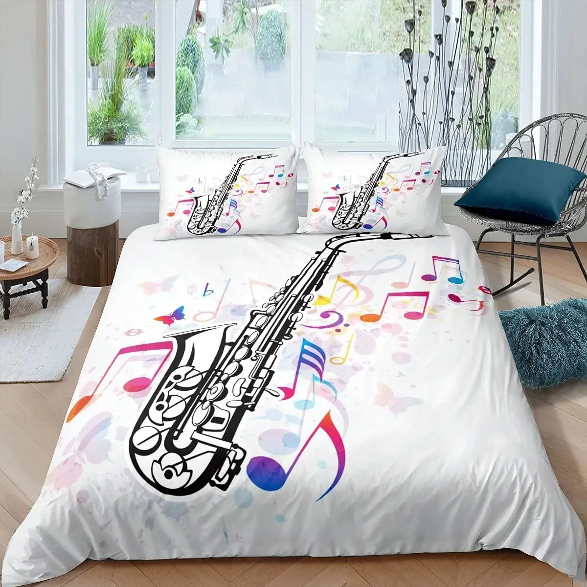 Saxophone Duvet Cover Set Rotating Musical Notes Bedding Set Musical Instrument Retro Jazz Music Theme Twin Quilt Cover For Kids