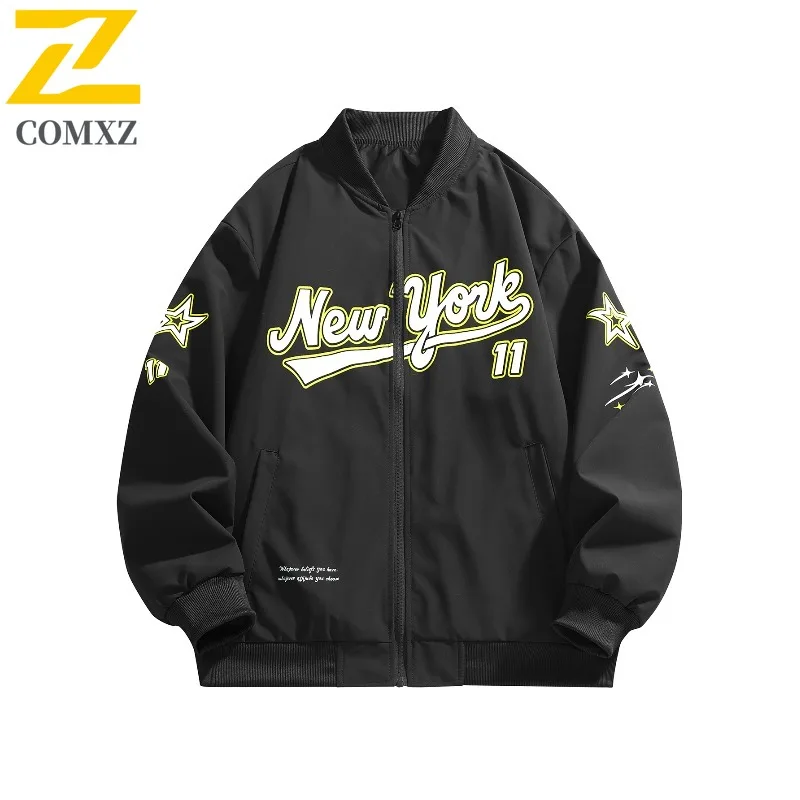 

COMXZ Men Jacket 2025 High Fashion Loose Lightweight Baseball Collar Sport Trendy Windproof Coat Preppy Jacket with No Hood