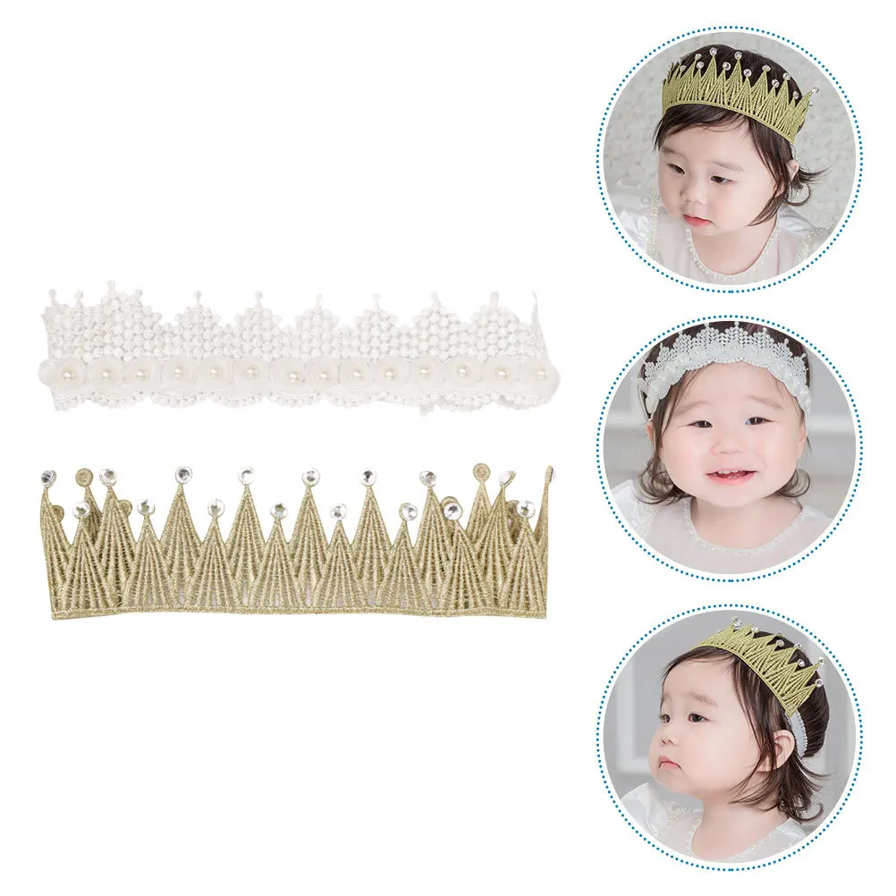 

2pcs Shiny Sequin Crown Baby Headband Party Decor Elegant Lace Design Newborn Hair Ornament For Kids Photo Props Infant Wearing