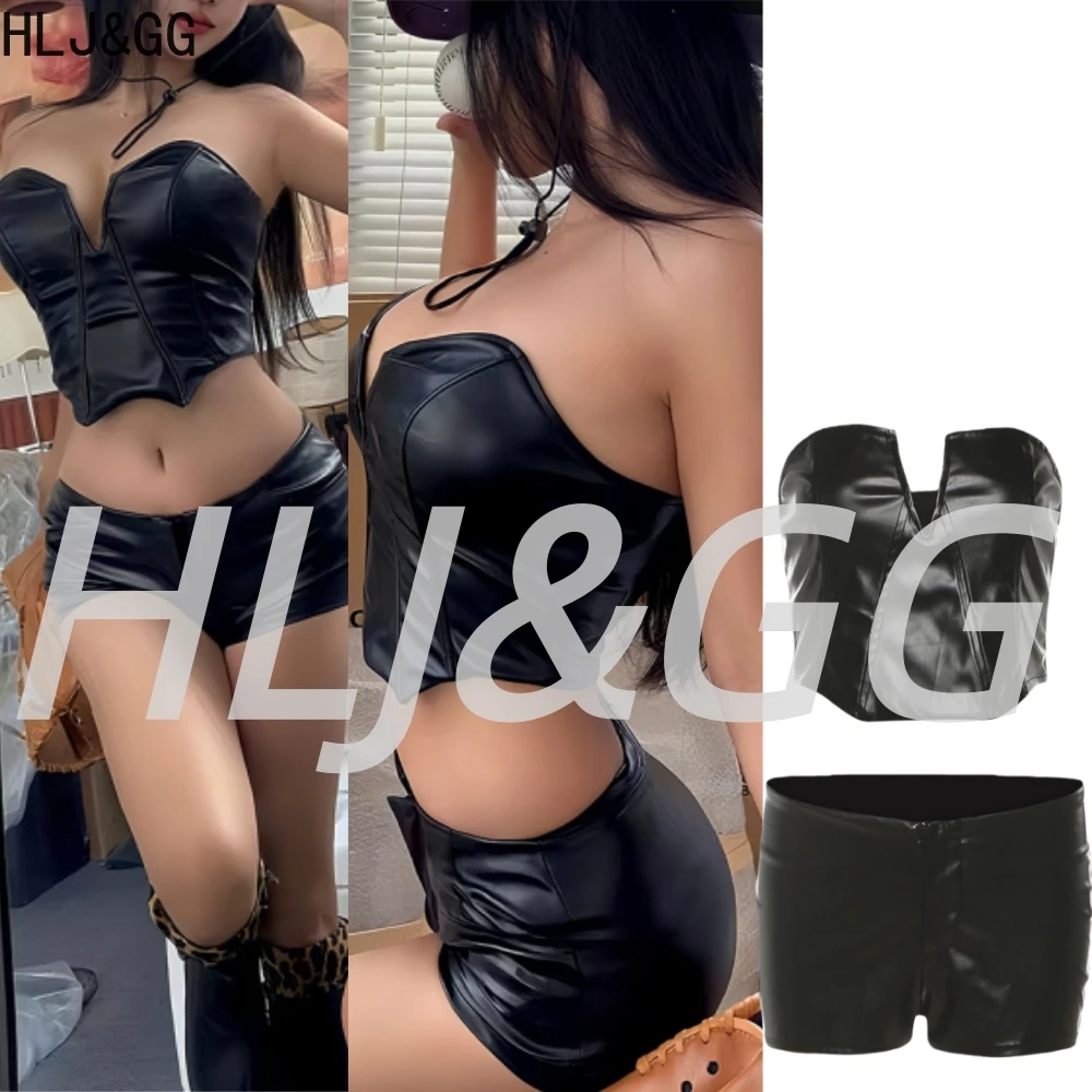 

HLJ&GG Black Sexy Hot Girl Leather Two Piece Sets Women Off Shoulder Sleeveless Crop Top And Shorts Outfits Fashion Streetwear