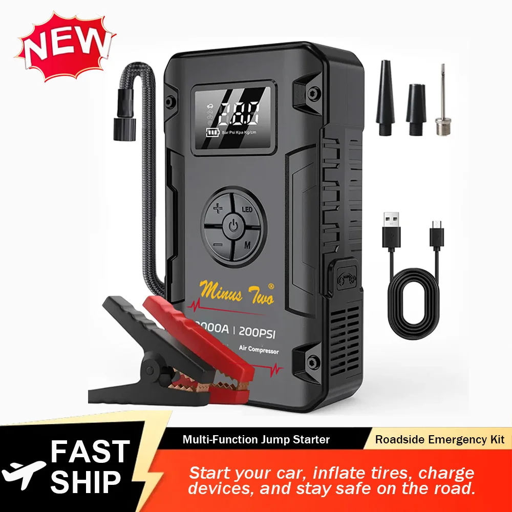 12V Car Jump Starter with Tire Inflator Air Compressor Portable Car Battery Booster  Wide Temp Working USB Phone Charging Port
