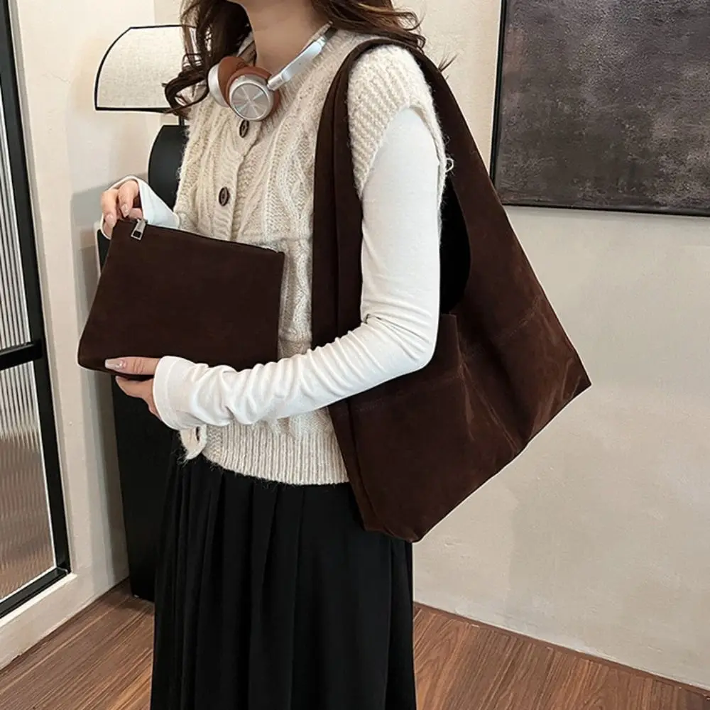 

Casual Handbag Suede Shoulder Bag Brown Solid Color Hobo Bag Korean Style Fashion Ladies Tote Bag Streetwear