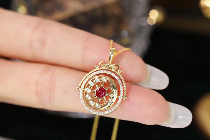 KUGG 100% 18K Yellow Gold Necklace Luxury Diamond Jewelry Natural Ruby Necklace for Women Vintage Palace Design Party Jewelry