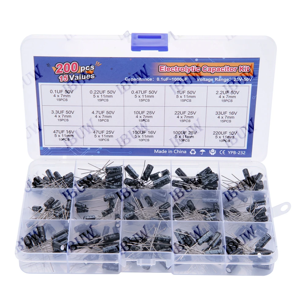 200pcs 15Values Electrolytic Capacitor Organization Storage 0.1-220uF Capacitors Assortment Box Kit 0.1uF 2.2uF