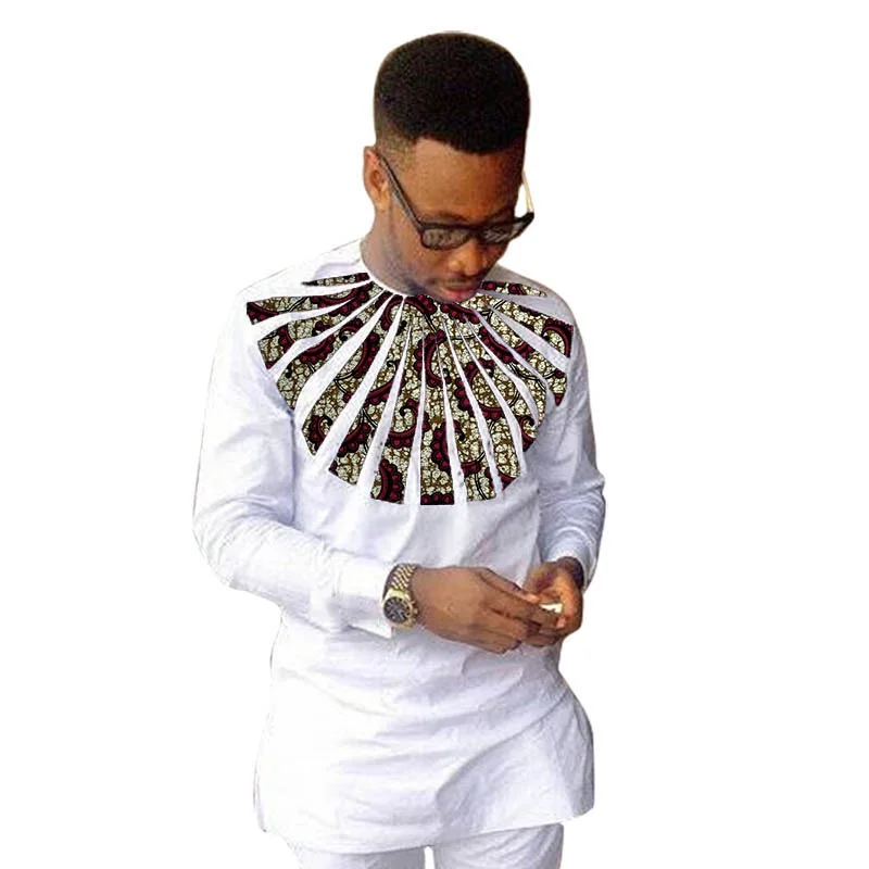 Nigerian Fashion White Men's Shirts O-Neck Modern Design Sector Patchwork Tops Customized African Wedding Party Wear