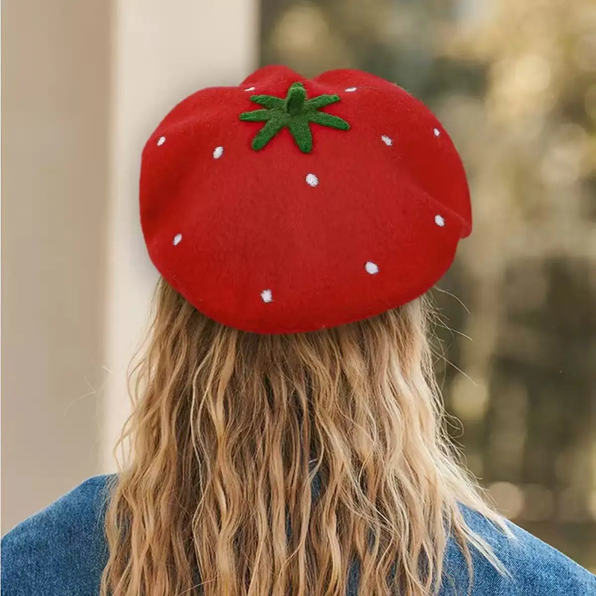 Cute Strawberry Wool Beret Hat for Women Girls, Red Polka Dot Fruit-Shaped Painter’s Cap, Kawaii Sweet Autumn/Winter Street Hat