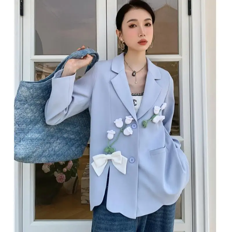 2026 Spring New 3D Flower Patchwork Split-front Casual Women Blazer Artistic Preppy Style Loose Women Blazers and Jackets