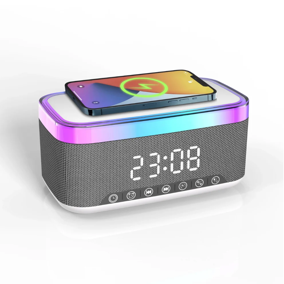 

Portable BT Speaker With15W Wireless Charger Alarm Clock RGB Colorful LED Light Desk Lamp FM Radio for Living Room Bedside Table